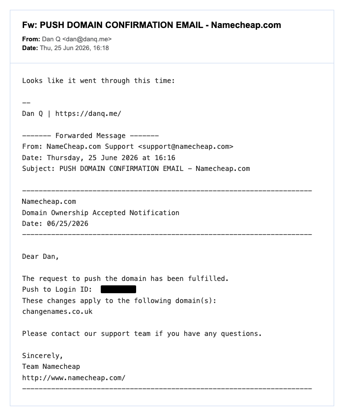 Namecheap domain ownership transfer confirmation